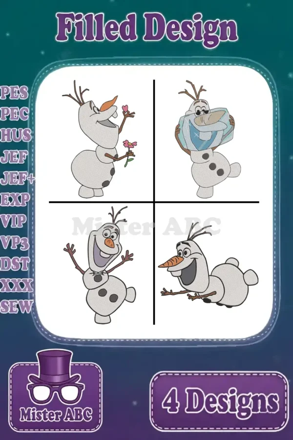 Four delightful Olaf filled embroidery designs from Frozen, showcasing various playful poses and supported file formats.