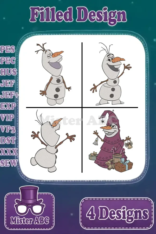 Four delightful Olaf embroidery designs from Disney's Frozen, showcasing various poses including a festive Christmas Olaf.
