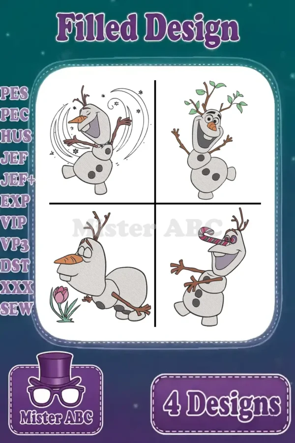 A vibrant collage of four unique Olaf embroidery designs from Frozen, showcasing various playful poses and expressions.