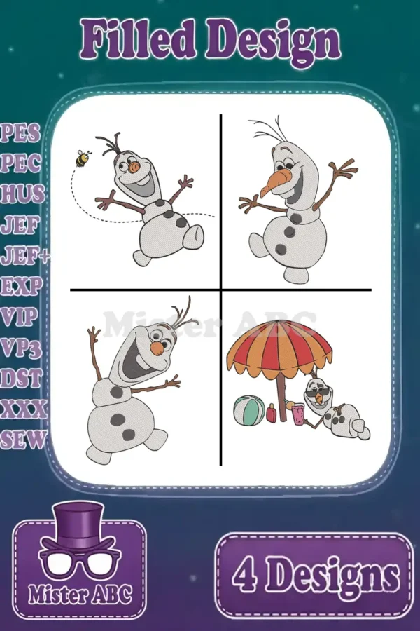 A vibrant grid displaying four unique, filled embroidery designs of Olaf from Disney's Frozen, ready for digital download.