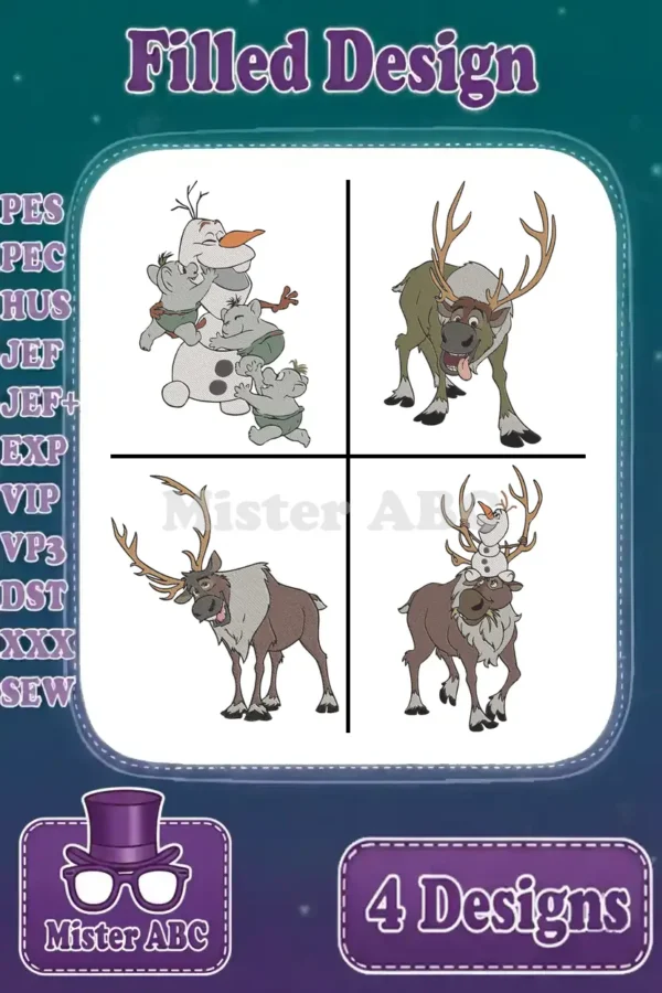 A vibrant embroidery design bundle featuring Olaf with Snowgies, Sven, and Sven with Olaf, showcasing 4 unique designs.