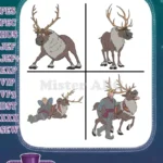Frozen Sven Reindeer With Kristoff Pulling Sled And Various Action Poses - Filled Embroidery Design - Instant Download