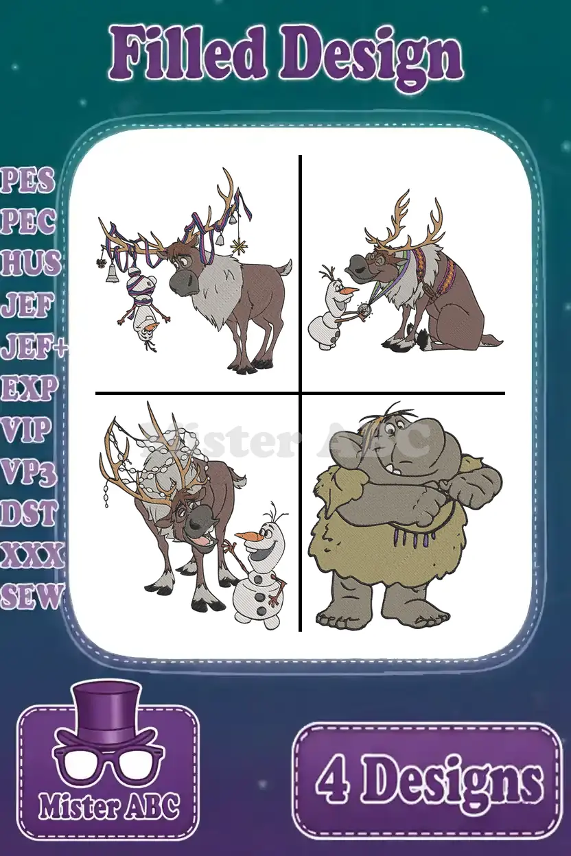 A vibrant collage displaying four distinct filled embroidery designs featuring Sven, Olaf, and a wise troll from Disney's Frozen.