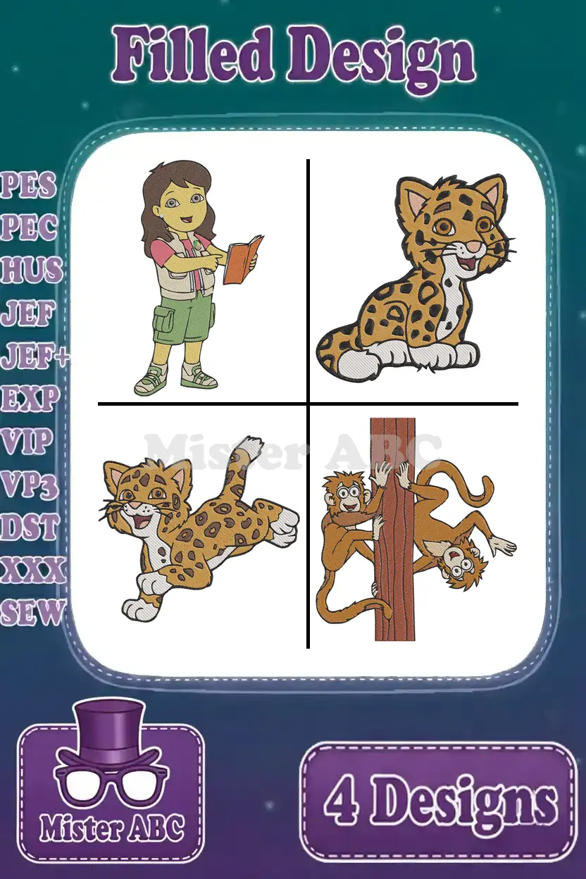 A vibrant embroidery bundle featuring Dora the Explorer, a sitting leopard, a pouncing leopard, and two playful monkeys.