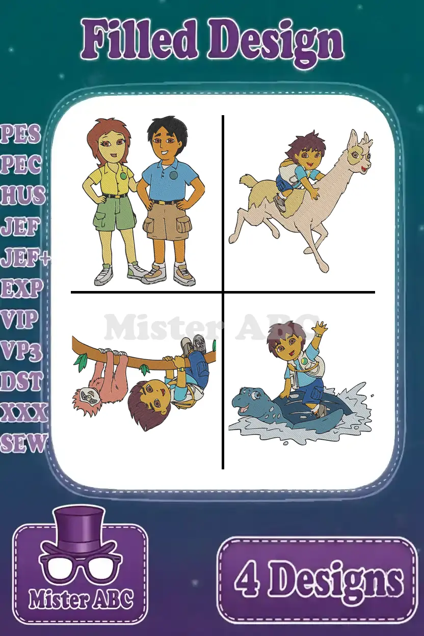 A vibrant embroidery design bundle displaying four filled designs of Diego with Alicia, a llama, a sloth, and a sea turtle.