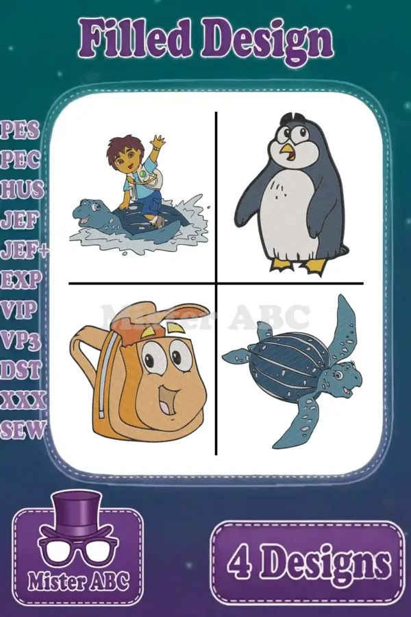 A vibrant bundle of 4 filled embroidery designs featuring Diego on a turtle, a penguin, Backpack, and a sea turtle, showcasing various supported file formats.