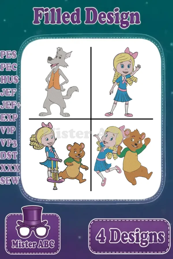 Four vibrant filled embroidery designs: a wolf, Lyla, and Barnaby in playful scenes. Includes all popular machine formats.