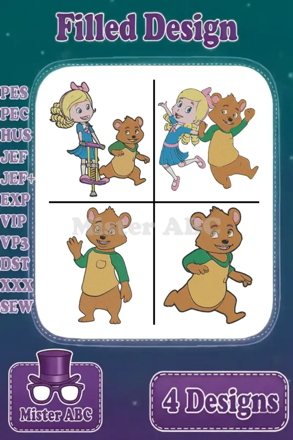 Main product image displaying a bundle of four filled embroidery designs featuring a blonde girl and a brown bear.