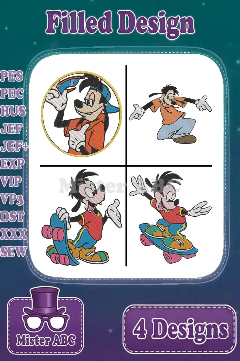 Four vibrant Max Goof filled embroidery designs in various poses, including with a skateboard, showcasing different file formats.