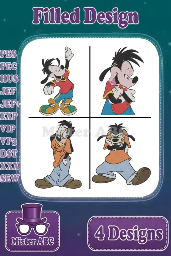Four distinct Max Goof filled embroidery designs in a bundle, ready for various digital embroidery machines.