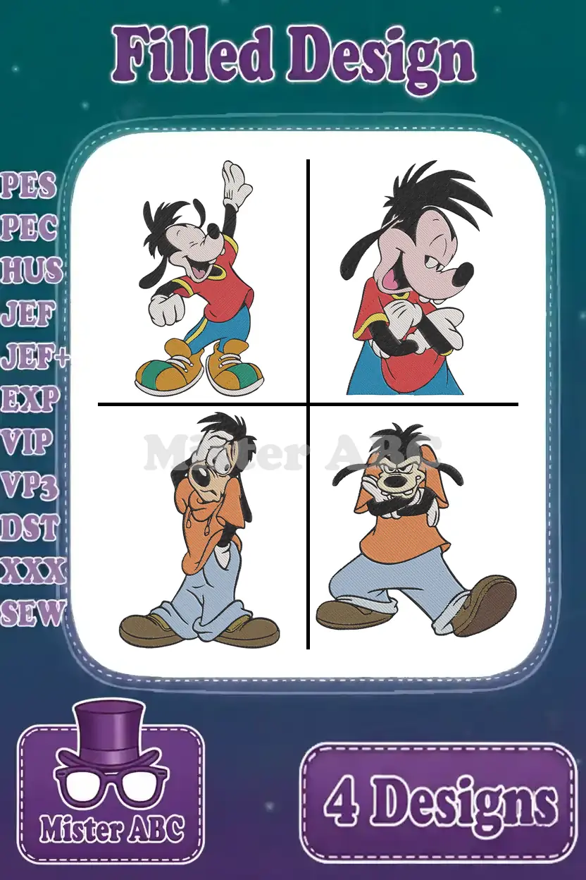 Four distinct Max Goof filled embroidery designs in a bundle, ready for various digital embroidery machines.