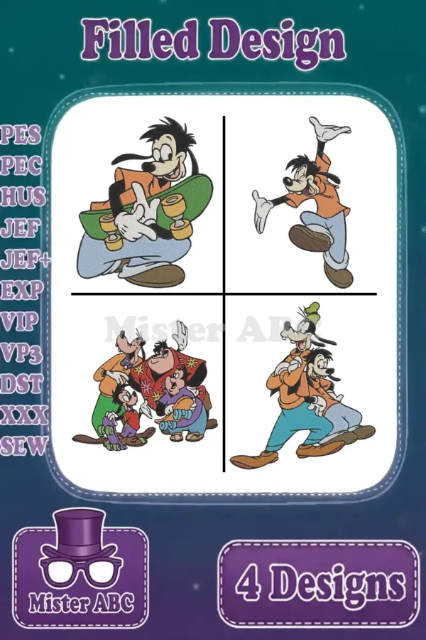 A vibrant embroidery bundle displaying four distinct Max Goof designs, including skateboarding, jumping, and group scenes.