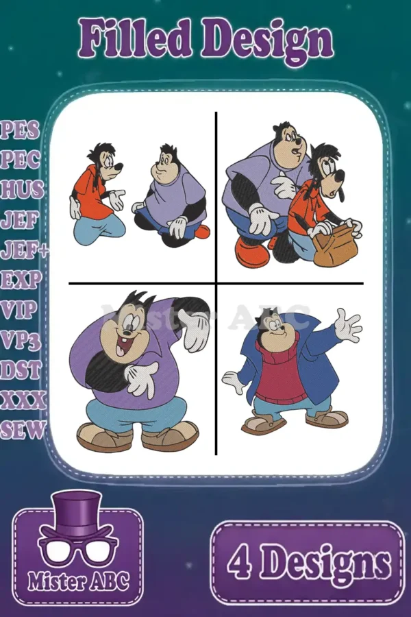 Main display of four vibrant, filled embroidery designs featuring Max Goof and PJ in different poses, ready for stitching.