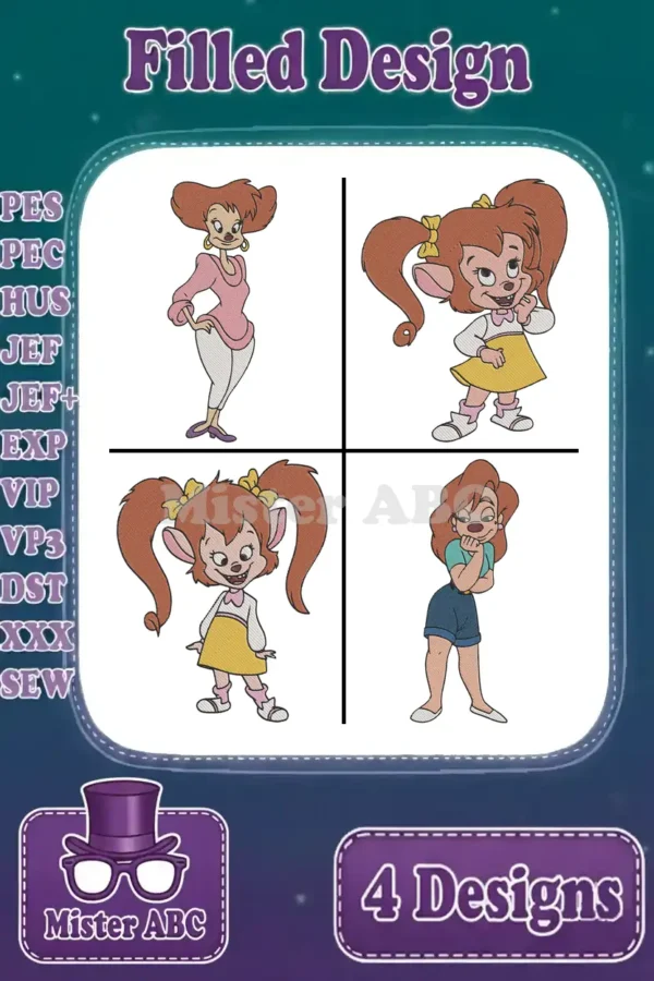 Four vibrant embroidery designs of Roxanne from A Goofy Movie, showcasing various poses and filled stitch detail on a starry background.