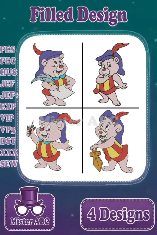 Four vibrant filled Gummi Bear embroidery designs presented in a grid, highlighting multiple compatible file formats.