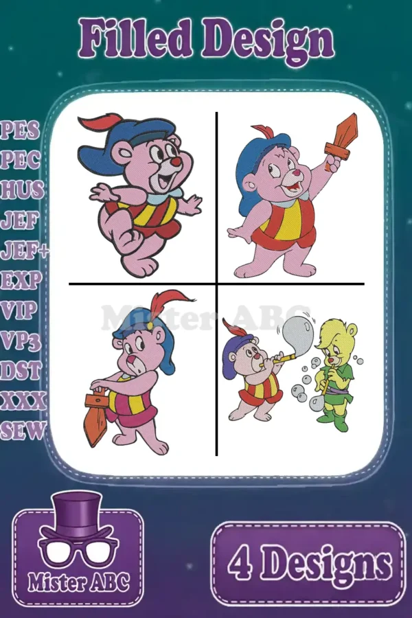 A vibrant collage of four filled Gummi Bear embroidery designs, showcasing Cubbi Gummi in various playful poses.