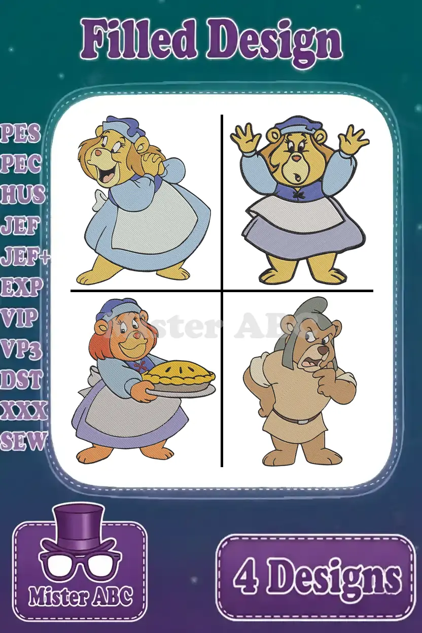 A vibrant bundle of four filled embroidery designs featuring Grammi, Zummi, and Gruffi Gummi Bears in various poses.