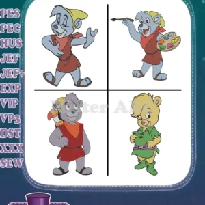 Four vibrant Gummi Bears filled embroidery designs: Cubbi, Cubbi Artist, Gusto with Artie, and Sunni. A classic cartoon bundle.