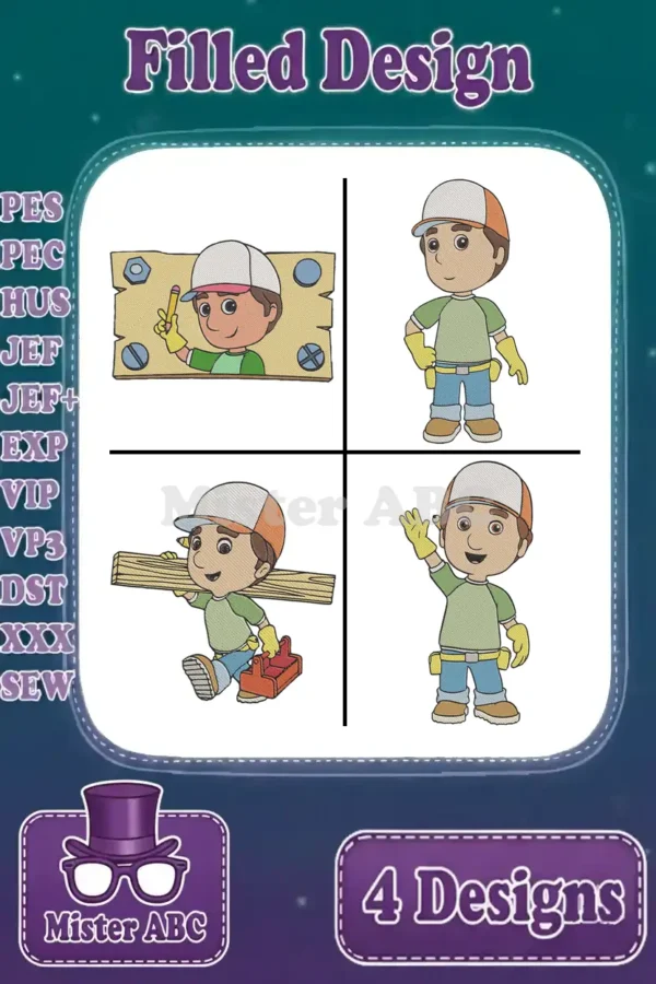 Four vibrant Handy Manny filled embroidery designs in various poses, including screwdriver, standing, carrying wood, and waving, perfect for kids' apparel.