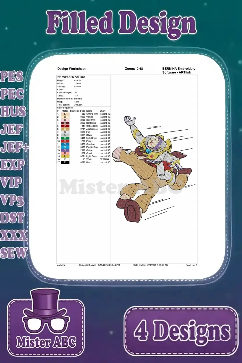 Design worksheet for Buzz Lightyear riding Bullseye, detailing thread colors, stitch counts, and design dimensions for precise embroidery.