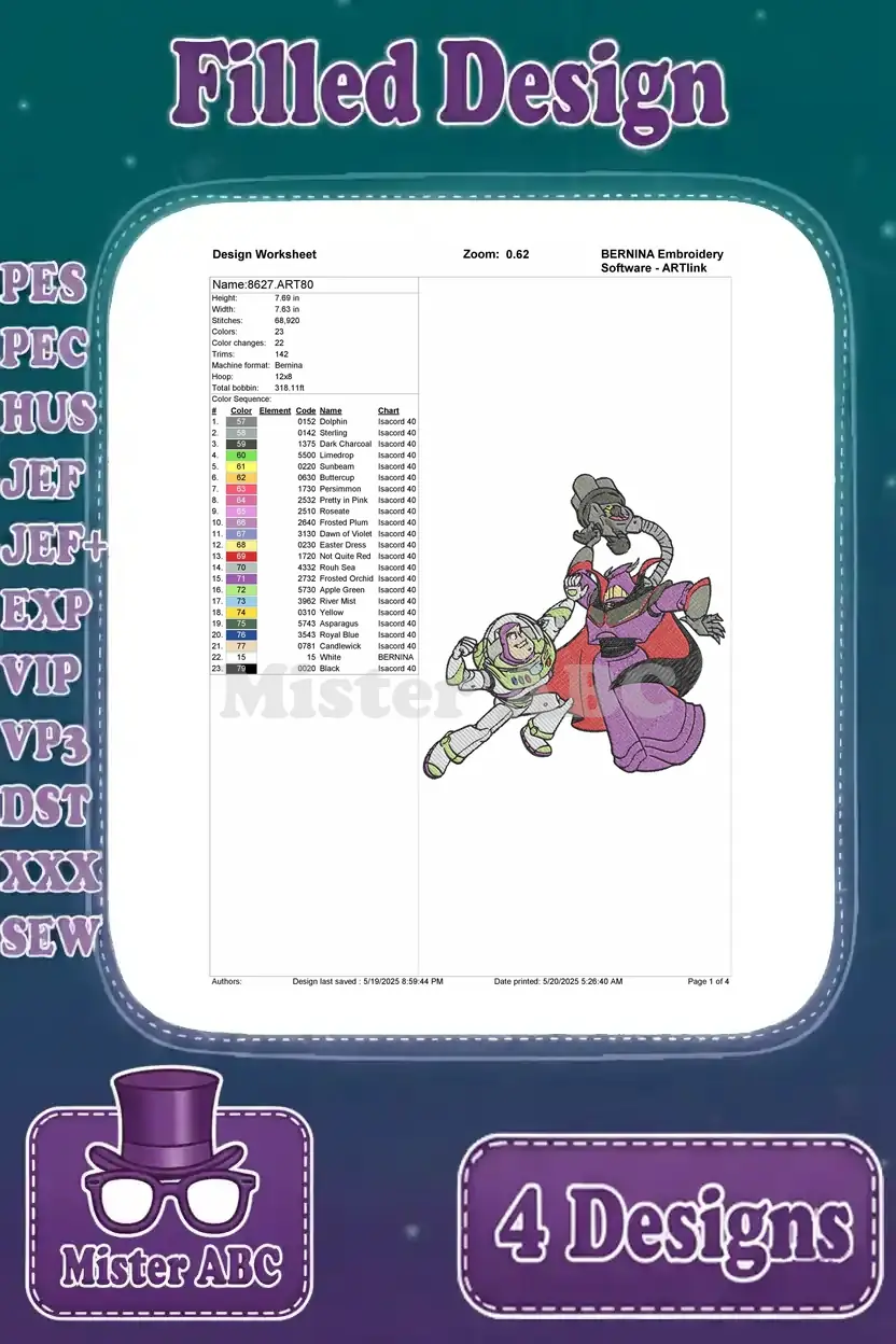 Design worksheet for Buzz Lightyear battling Emperor Zurg, detailing thread colors, stitch counts, and dimensions for this dynamic design.