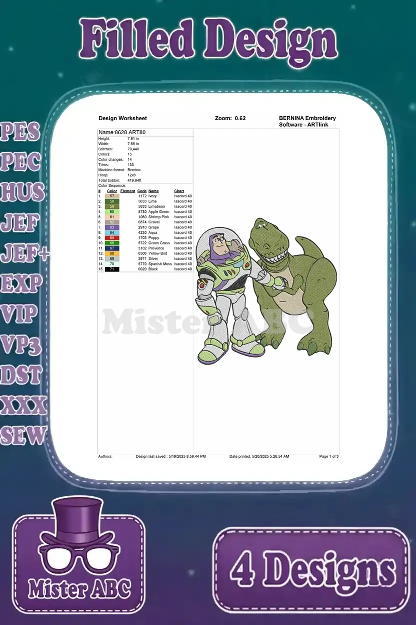 Design worksheet for Buzz Lightyear and Rex, providing thread colors, stitch counts, and design dimensions for embroidery.