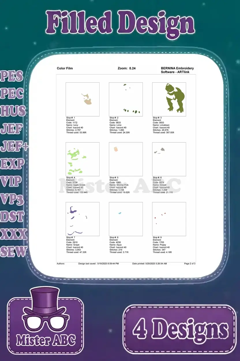 Page 2 of the color film for Buzz Lightyear and Rex, illustrating the initial thread stops and color layering.
