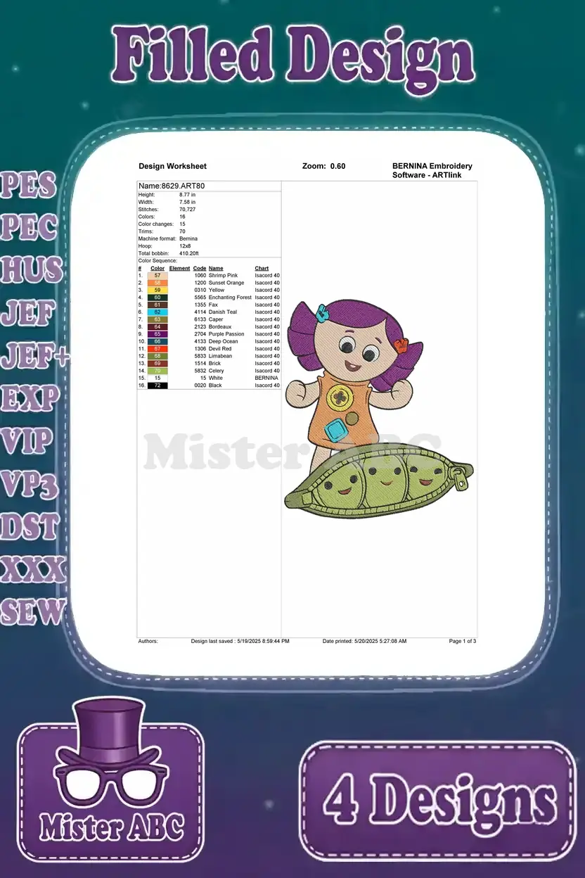 Design worksheet for Dolly and Peas-in-a-Pod, detailing thread colors, stitch counts, and dimensions for embroidery.