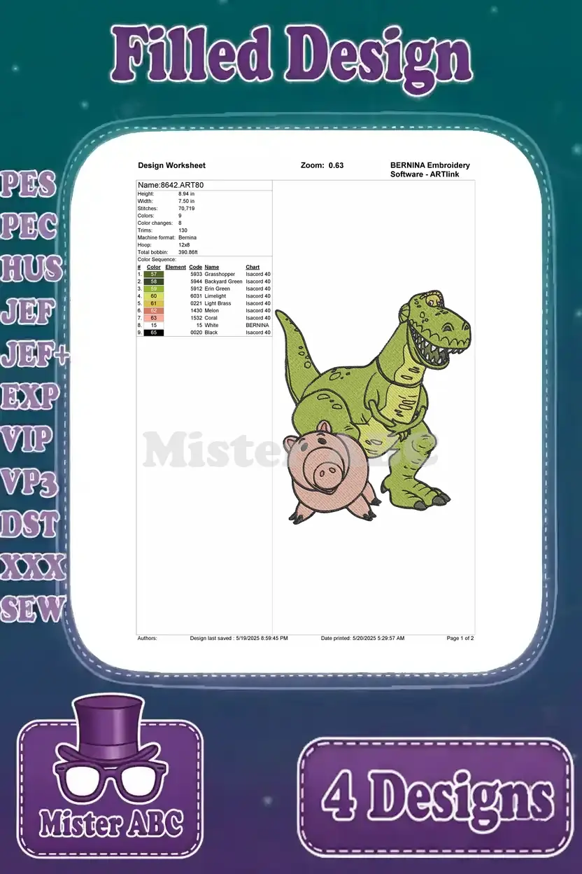 Detailed embroidery design worksheet for Rex and Hamm, showing stitch count, color changes, thread colors, and dimensions.