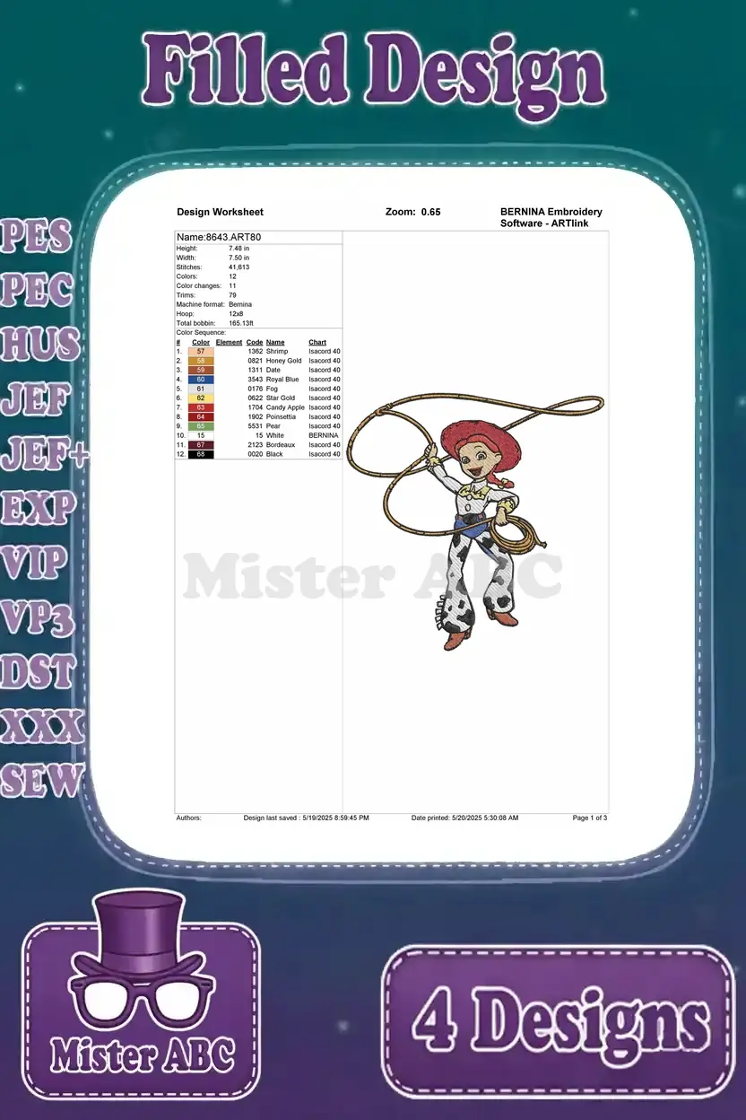 Detailed embroidery design worksheet for Jessie with a lasso, outlining stitch count, color changes, and thread colors.