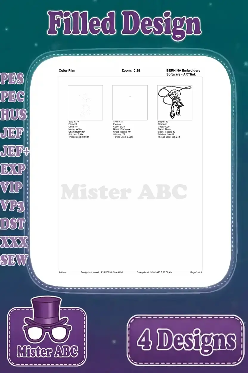 Second page of the color film breakdown for the Jessie with lasso embroidery design, completing the stitch sequence.
