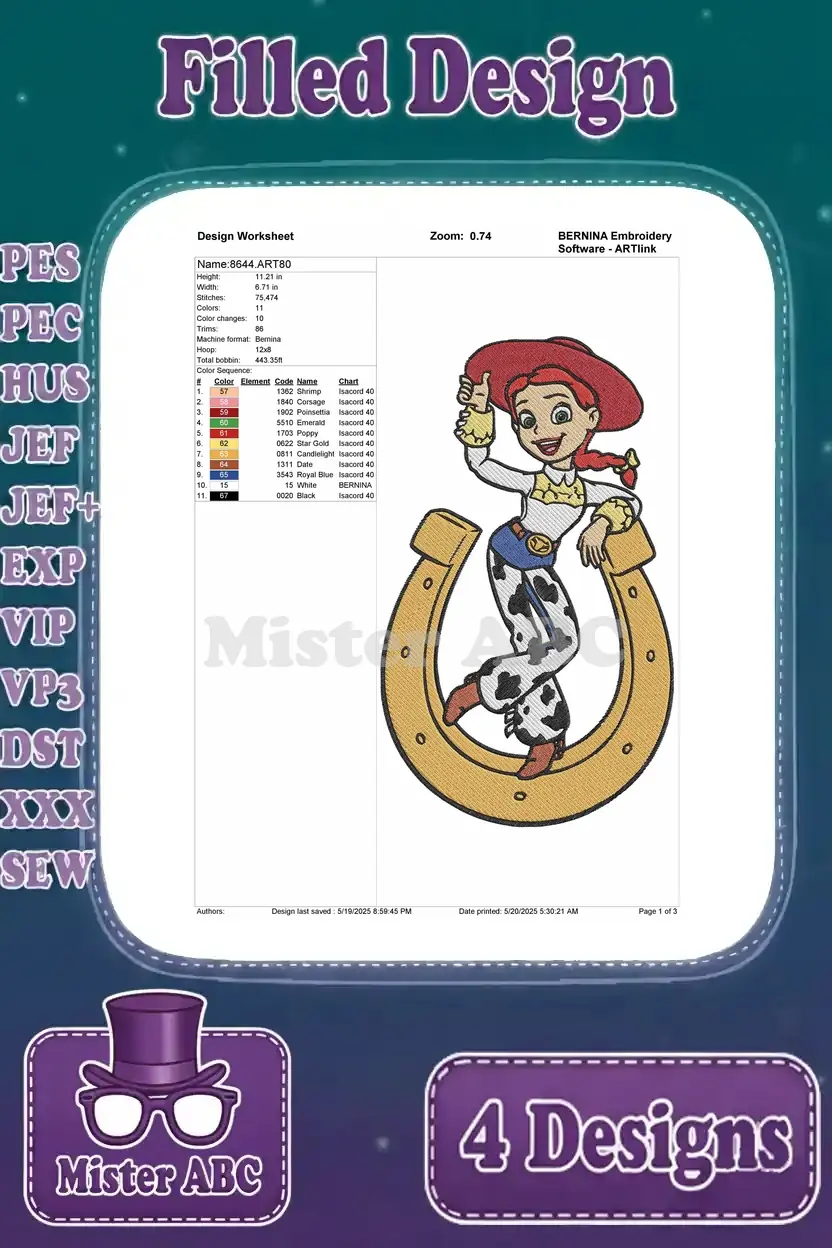 Detailed embroidery design worksheet for Jessie with a horseshoe, providing stitch count, color changes, and thread colors.