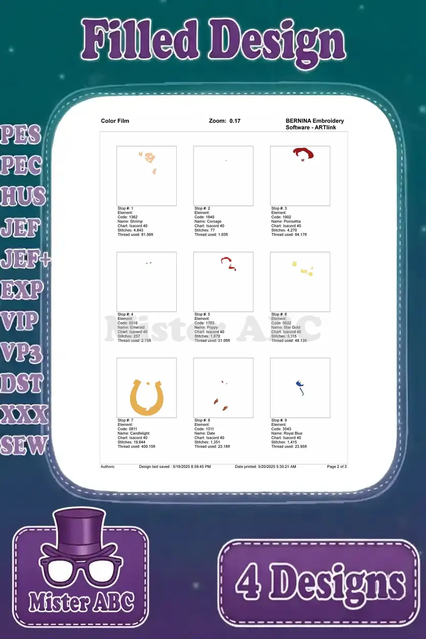 First page of the color film breakdown for the Jessie with horseshoe embroidery design, showing initial stitch layers.
