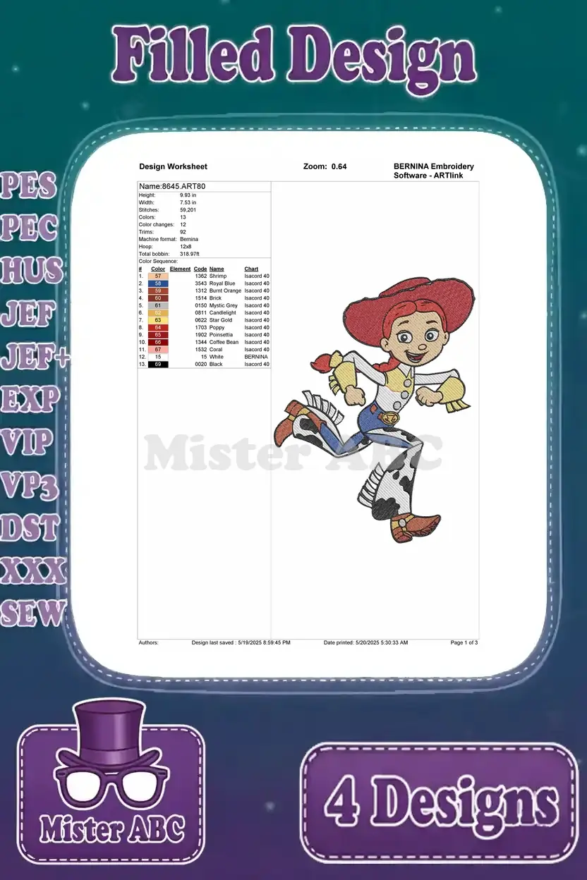 Detailed embroidery design worksheet for the running Jessie pose, outlining stitch count, color changes, and thread colors.