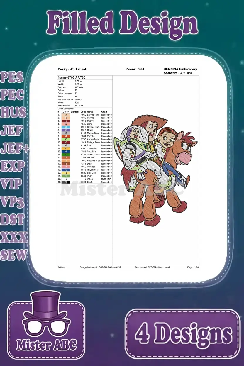 Detailed design worksheet for the Jessie, Buzz Lightyear, and Bullseye Toy Story embroidery pattern.