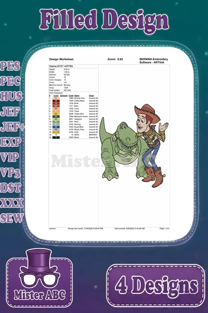 Detailed design worksheet for the Woody and Rex the Dinosaur Toy Story embroidery pattern.