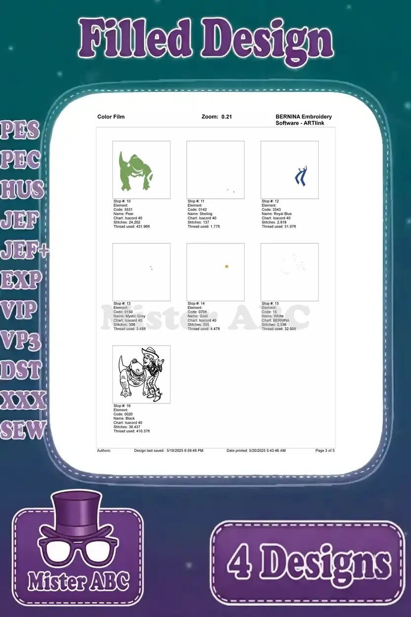 Final page of the color film chart for the Toy Story Woody and Rex the Dinosaur embroidery.