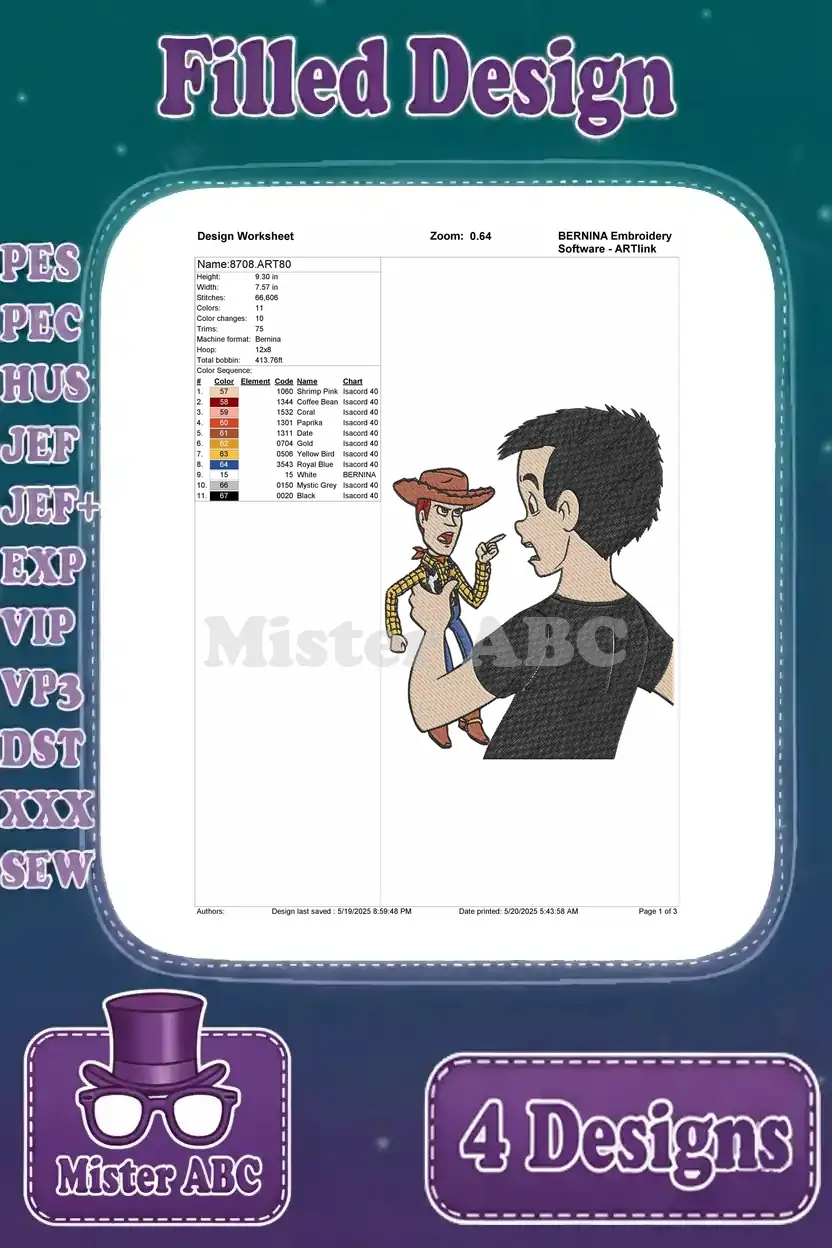 Detailed design worksheet for the Woody and Andy Toy Story embroidery pattern.