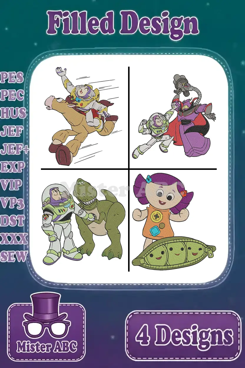 Four vibrant Toy Story filled embroidery designs: Buzz on Bullseye, Buzz vs. Zurg, Buzz & Rex, and Dolly with Peas-in-a-Pod, showcasing diverse character moments.