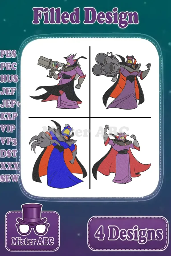 Emperor Zurg embroidery bundle featuring four distinct filled designs in various action poses, ready for machine stitching.