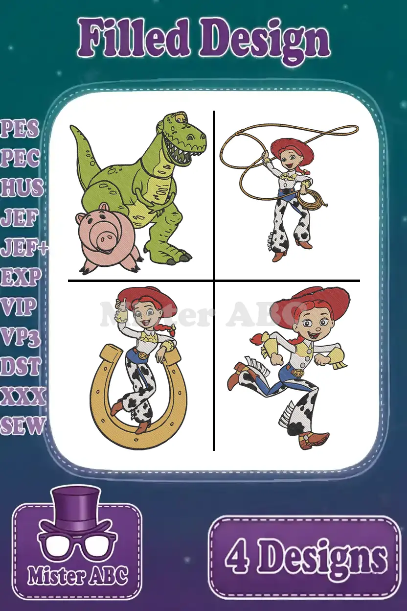 Vibrant Toy Story embroidery bundle featuring Jessie, Rex, and Hamm in four unique filled designs, ready for various machine formats.