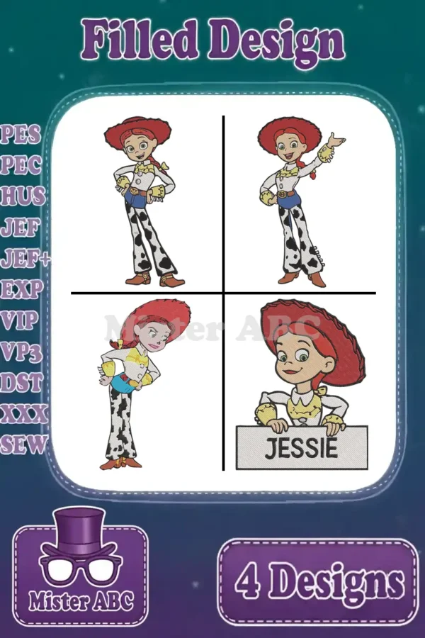 Four vibrant filled embroidery designs of Jessie from Toy Story, showcasing different poses/styles, with supported formats listed.