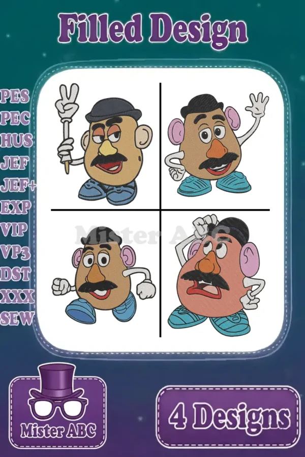A vibrant grid of four Mr. Potato Head filled embroidery designs showcasing various poses and expressions, ready for stitching.