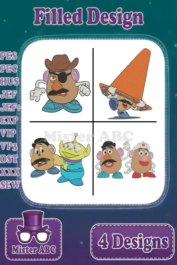 A vibrant main image displaying four distinct filled embroidery designs featuring Mr. Potato Head characters.