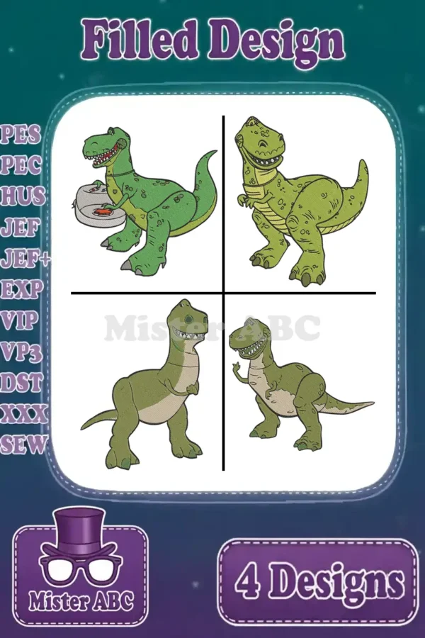 Main product image showing a bundle of four distinct Rex dinosaur filled embroidery designs, ready for various projects.