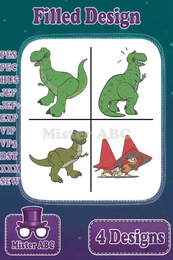 Four vibrant filled embroidery designs: three cheerful T-Rex poses and a humorous dog wearing traffic cones.
