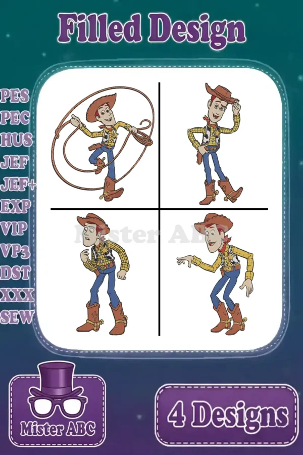 A vibrant main image featuring four unique filled embroidery designs of Woody, showcasing various poses for crafting.