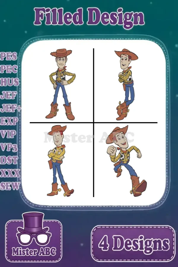Four vibrant filled embroidery designs of Woody from Toy Story in different poses, showcasing various machine formats.