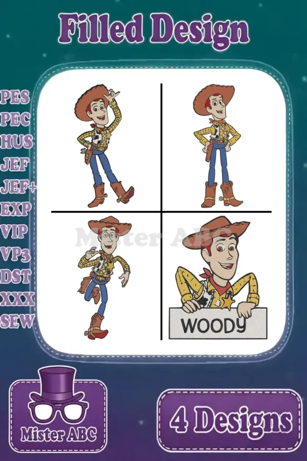 Four distinct filled embroidery designs of Woody from Toy Story in various dynamic poses, showcasing a versatile bundle.