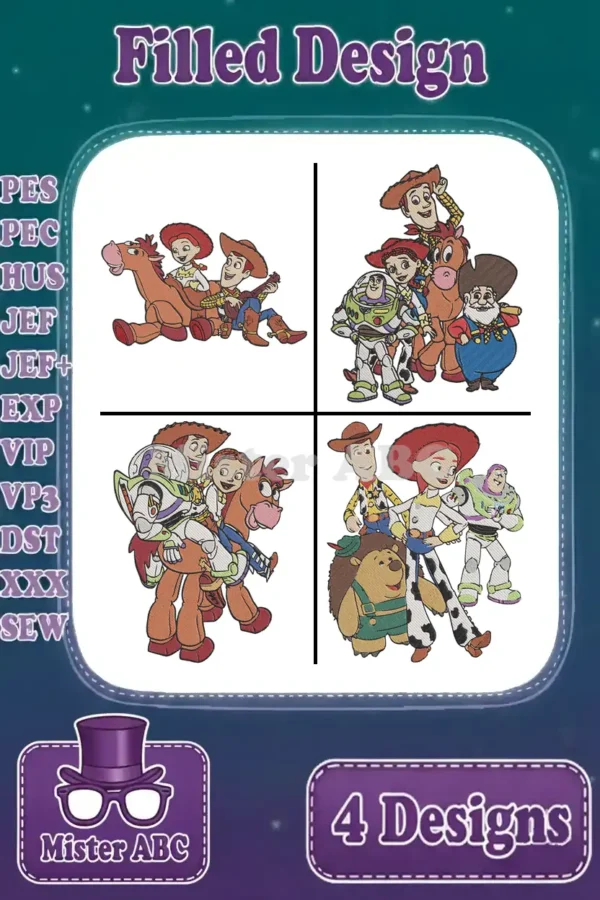 Overview of a vibrant Toy Story embroidery bundle featuring Woody, Buzz Lightyear, Jessie, and Bullseye in four distinct filled designs, compatible with multiple machine formats.